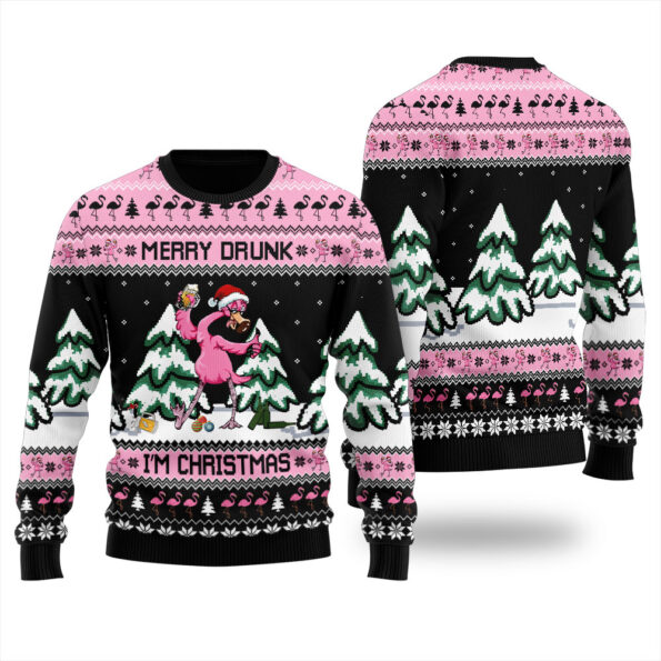 Merry Drunk Im Christmas Flamingo Ugly Sweater Black