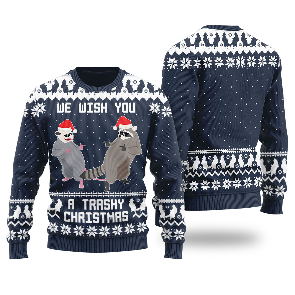 Merry Trashy Christmas Raccoon Opossum Christmas Sweater Navy 1 Merry Trashy Christmas Raccoon Opossum Christmas Sweater Navy