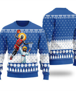 Michael Jordan Dunking Jesus Basketball Christmas Sweater Royal