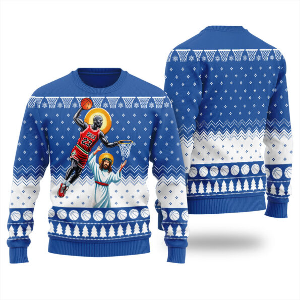 Michael Jordan Dunking Jesus Basketball Christmas Sweater Royal