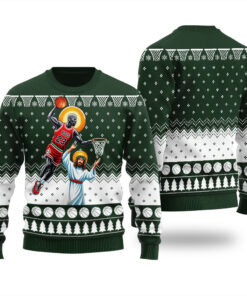 Michael Jordan Dunking Jesus Basketball Ugly Sweater Forest Green