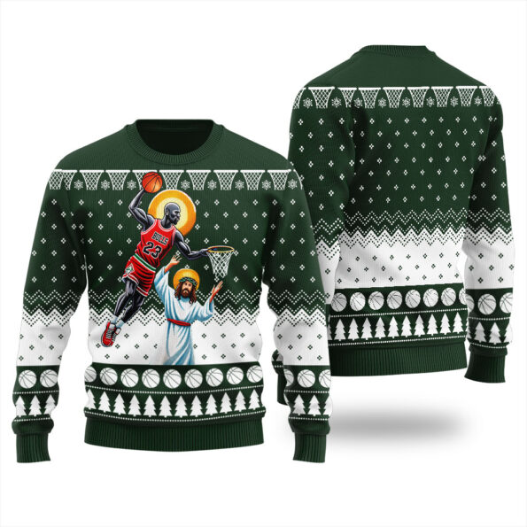 Michael Jordan Dunking Jesus Basketball Ugly Sweater Forest Green