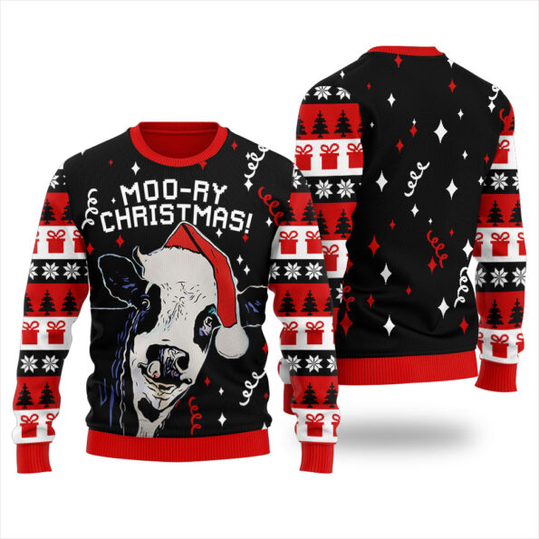 Moory Christmas Cow Christmas Sweater Black