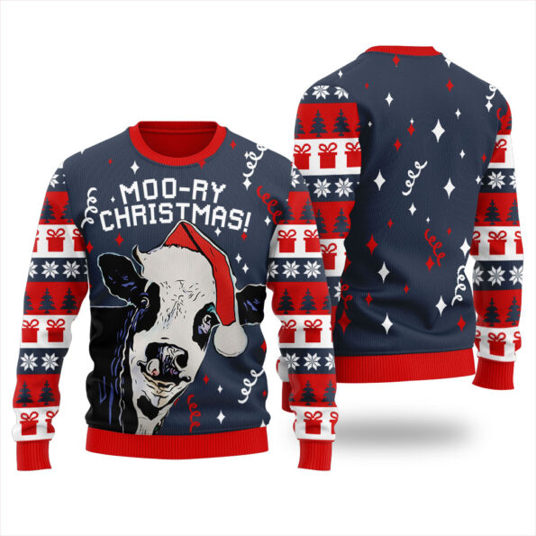 Moory Christmas Cow Ugly Christmas Sweater Navy
