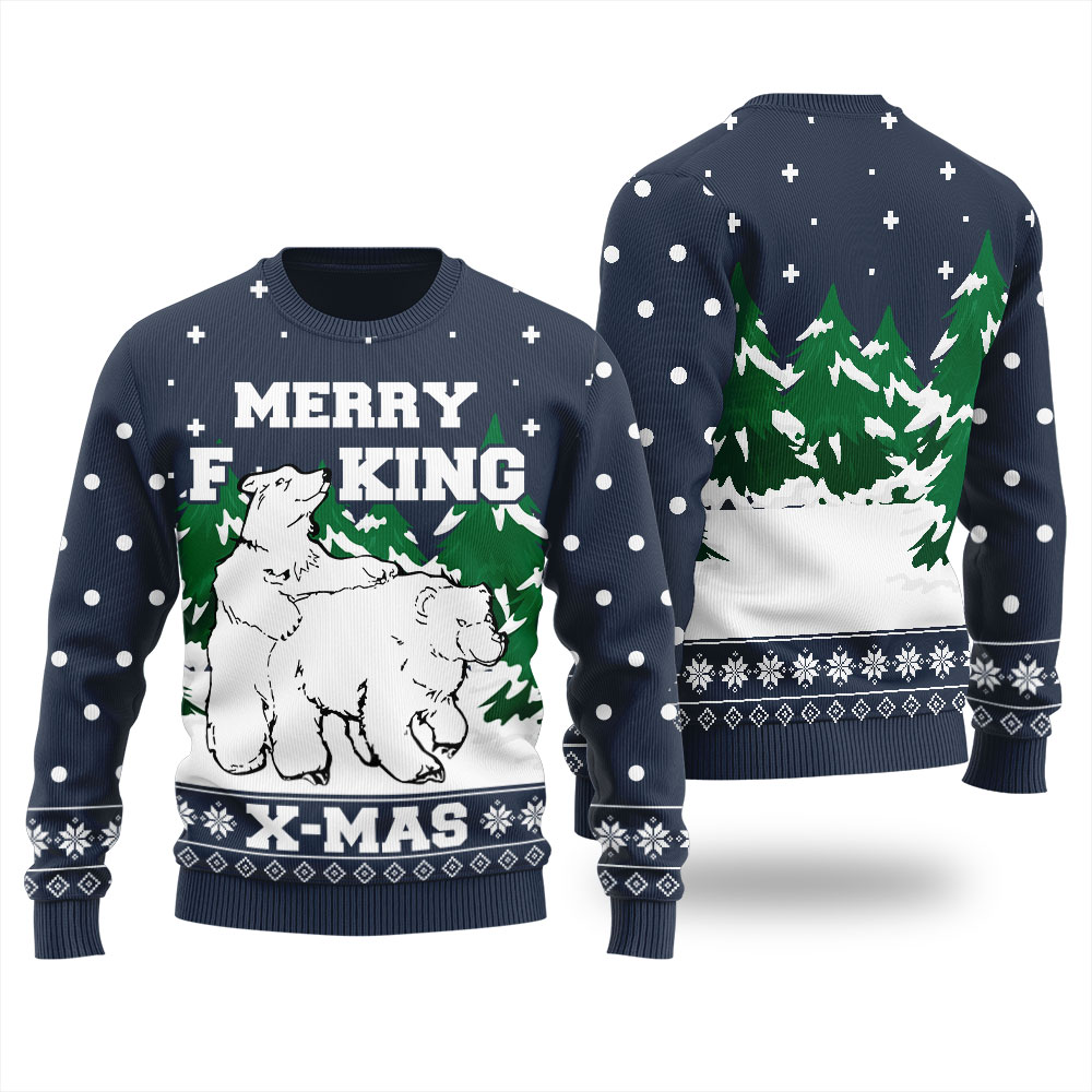 Merry BucKing Naughty Bear Ugly Christmas Sweater Black