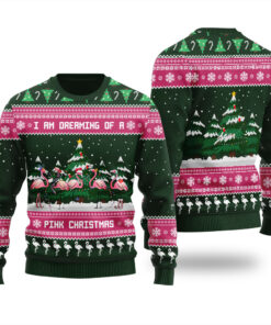 Pink Christmas Flamingo Ugly Sweater Forest Green