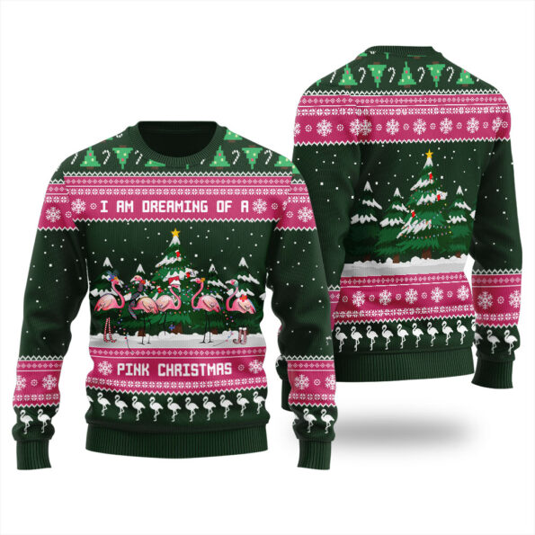 Pink Christmas Flamingo Ugly Sweater Forest Green