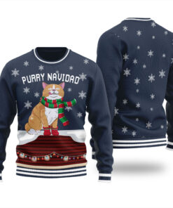 Purry Navidad Funny Cat Christmas Sweater Navy