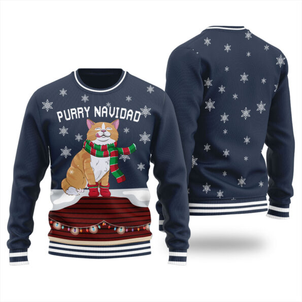 Purry Navidad Funny Cat Christmas Sweater Navy