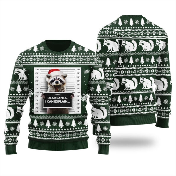 Raccoon Mug Shot Ugly Sweater Forest Green