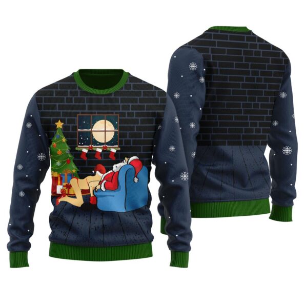 Santa Claus With Naughty Girl Christmas Sweater Navy