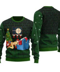 Santa Claus With Naughty Girl Ugly Sweater Forest Green