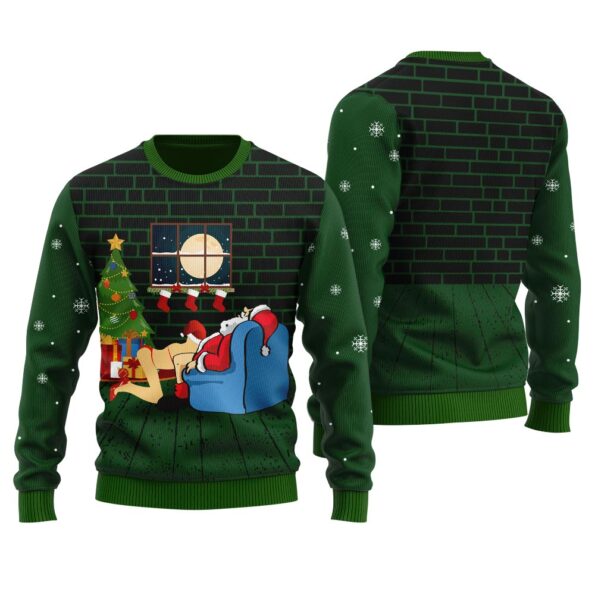 Santa Claus With Naughty Girl Ugly Sweater Forest Green