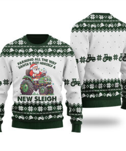 Santa Farm Truck Christmas Sleigh Christmas Sweater Forest Green