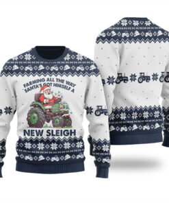 Santa Farm Truck Christmas Sleigh Ugly Christmas Sweater Navy