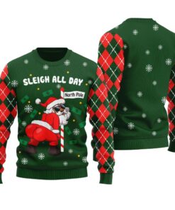 Santa Sleigh All Day Naughty Christmas Sweater Forest Green