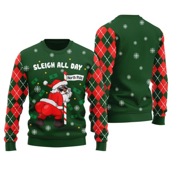 Santa Sleigh All Day Naughty Christmas Sweater Forest Green