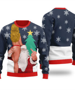 Santa With Bad Girl Naughty Ugly Christmas Sweater Navy