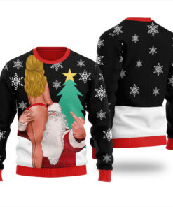 Santa With Sexy Girl Inappropriate Ugly Christmas Sweater Black