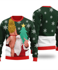 Santa With Sexy Girl Inappropriate Ugly Christmas Sweater Forest Green