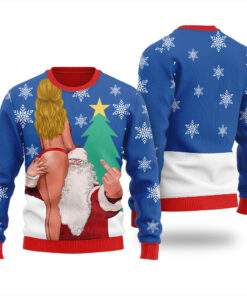 Santa With Sexy Girl Inappropriate Ugly Christmas Sweater Royal