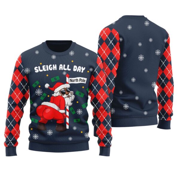 Sleigh All Day Santa Dancing North Pole Christmas Sweater Navy