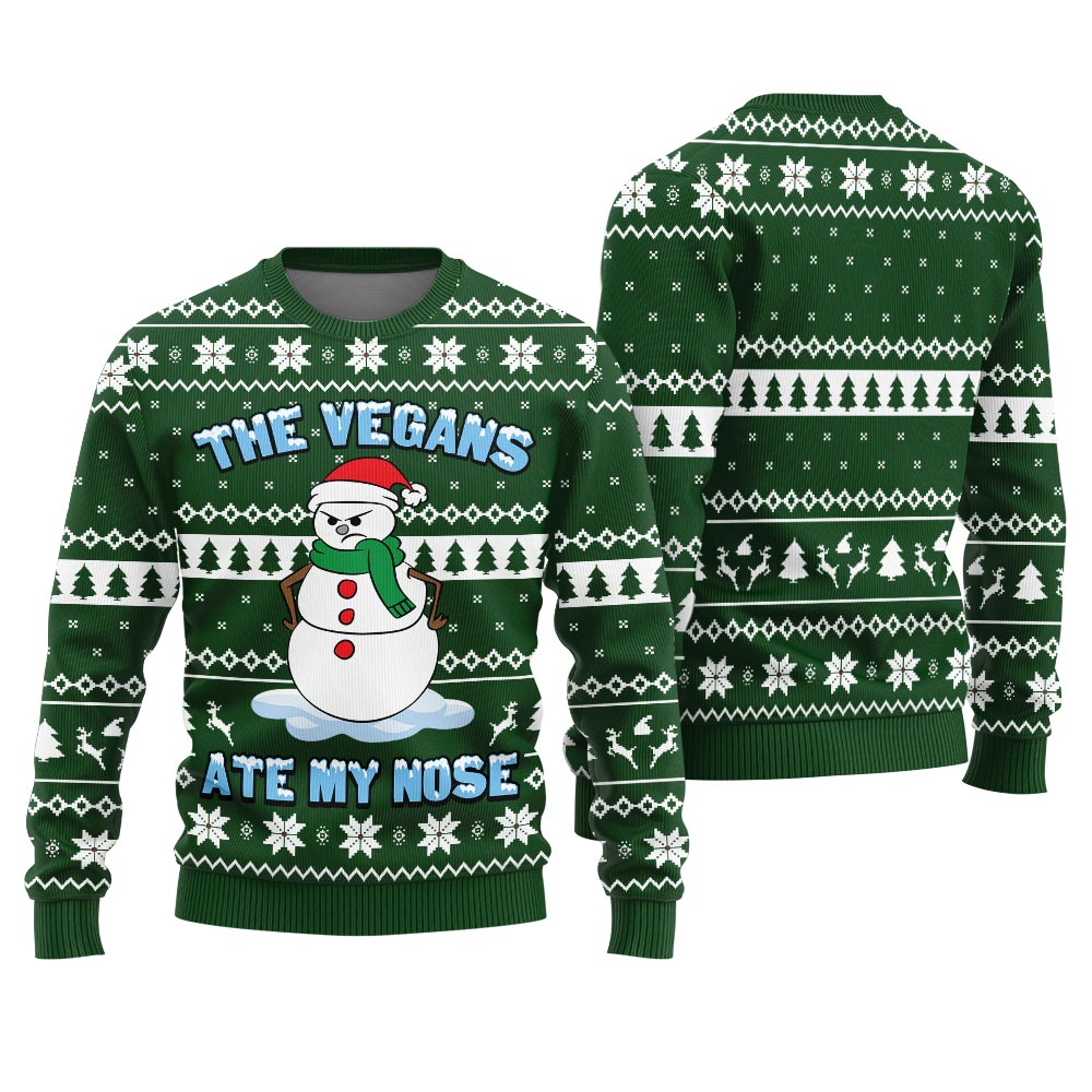 The Vegans Ate My Nose Snowman Ugly Christmas Sweater Forest Green 6 The Vegans Ate My Nose Snowman Ugly Christmas Sweater Forest Green