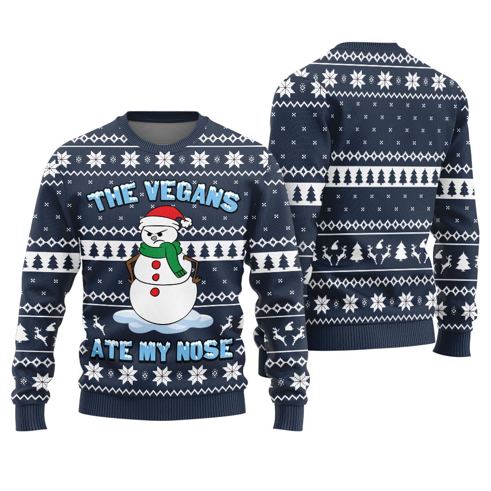 The Vegans Eat My Nose Snowman Ugly Christmas Sweater Navy 6 The Vegans Eat My Nose Snowman Ugly Christmas Sweater Navy